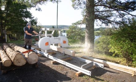 Första projektet med gårdssågen: nya brädor till logbryggan